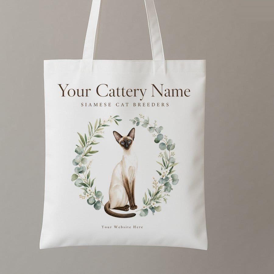 Example kitten pack tote bag design: siamese botanical