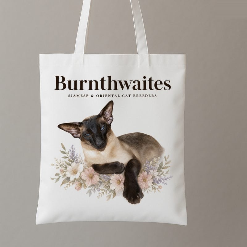 Burnthwaites kitten pack bag printed with the digital drawing of a seal point Siamese