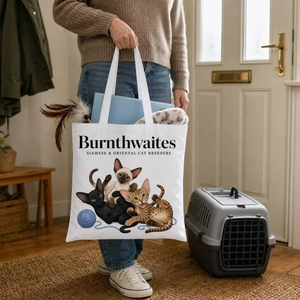 A new owner carrying a printed kitten pack tote bag out of the front door, next to a cat carrier