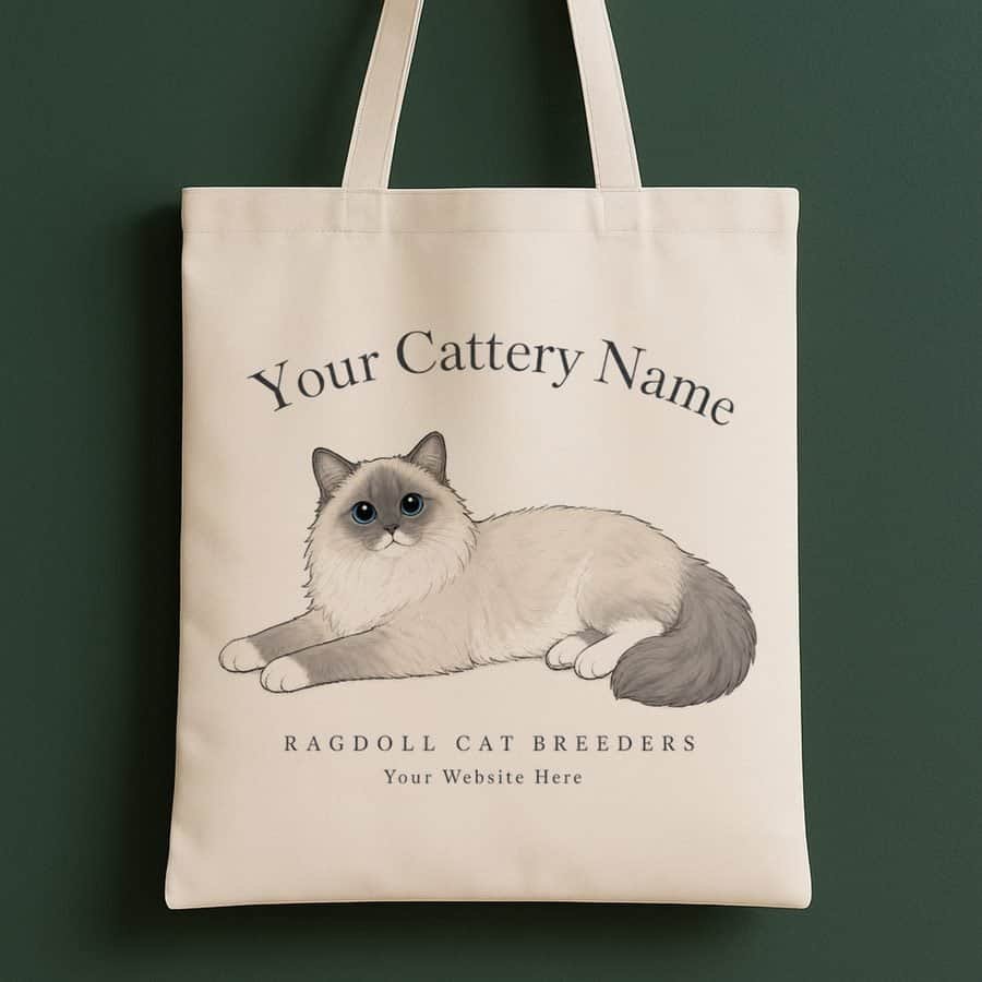 Example design on a natural kitten pack tote bag: ragdoll blue mitted