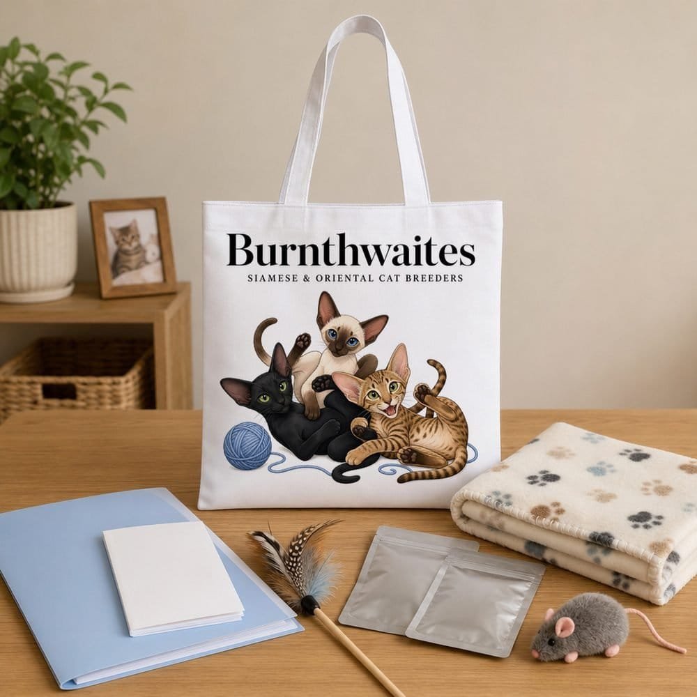Printed kitten pack bag on a table with a paperwork folder, care booklet, food sachets, a fleece blanket and toys