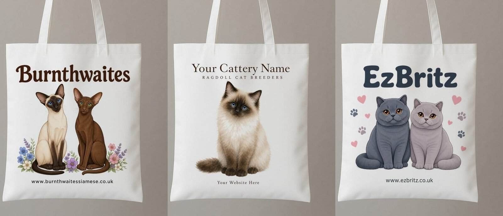 Three kitten pack tote bags printed with different cattery names and cat designs